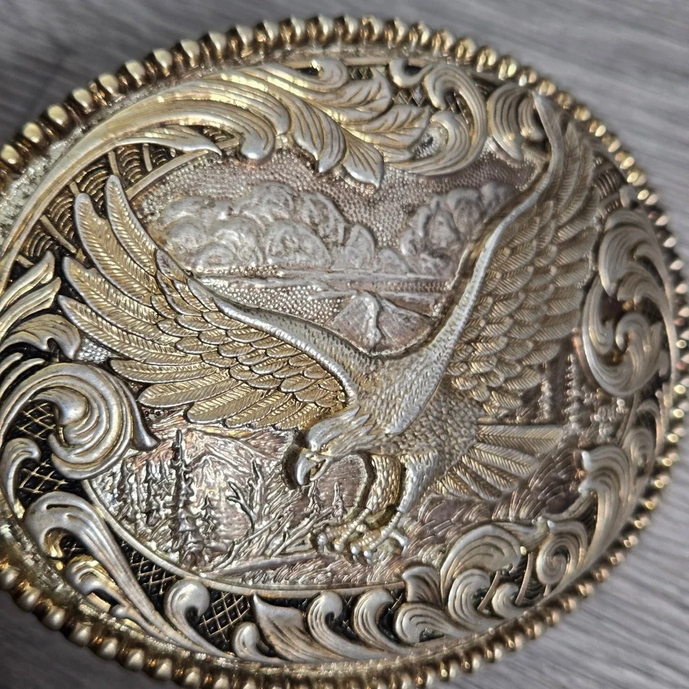 Award Design Medals Gold Silver Vintage Belt Buckle  Western Eagle Scrollwork 3D